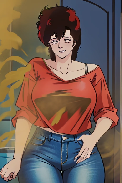 HD, high quality, high resolution, ultrahd,Kaori Makimura, 1female, wearing casual outfit, red offshoulder tshirt, jeans, default hair, brown hair, tall body, big body, massive fart, yellow smoke, clemching teeth, smiling, wide eyes, leaning, embarrassed