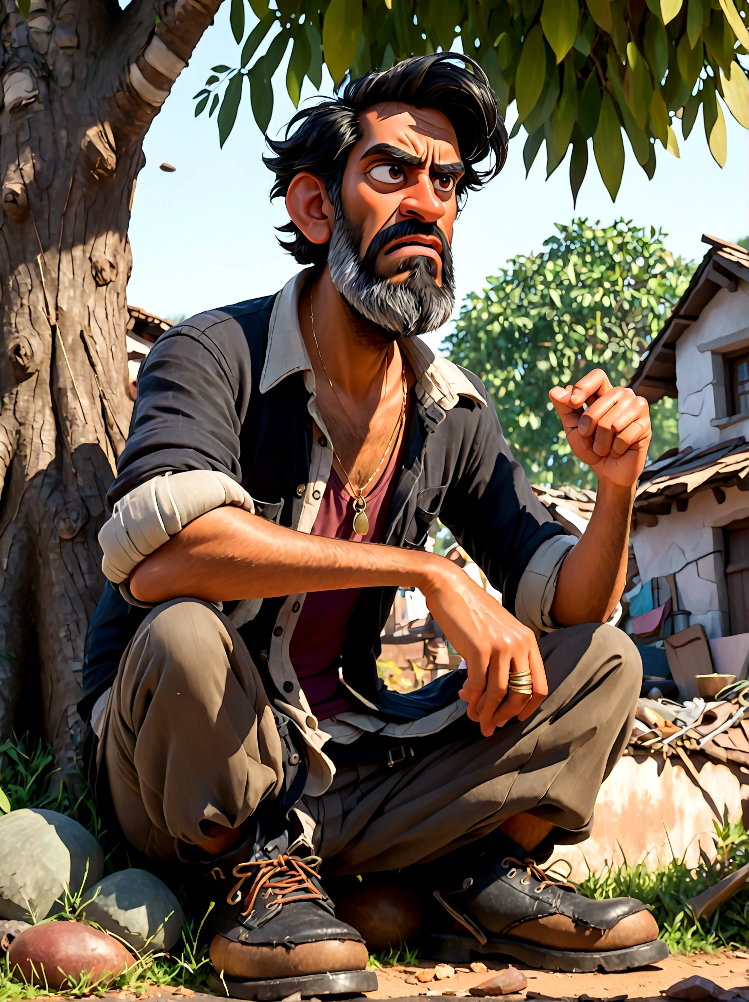 (Disney Pixar style:1.1), full-body shot, Lazy villager painting, Narayana Prabhakar, look up, (Disgusted look:1.9), Messy black hair, Scruffy black beard, Against the backdrop of the village, (Sit under a tree:1.15), Wearing a dark brown torn shirt and ragged grey pants, Dusty black work boots, On a summer afternoon