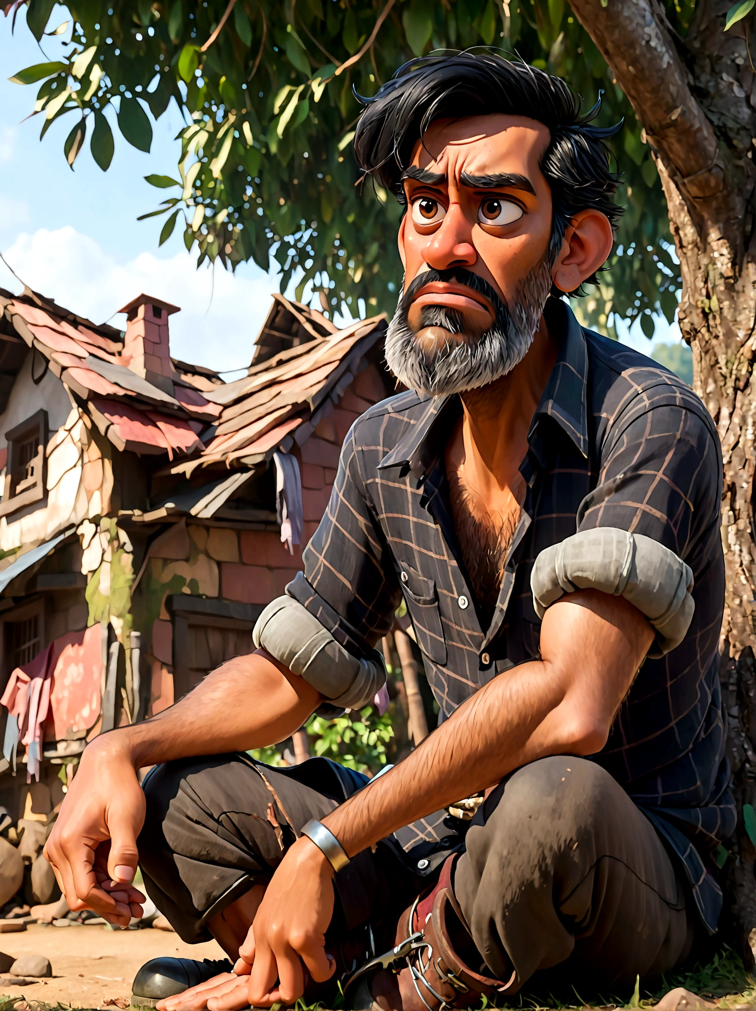 (Disney Pixar style:1.1), full-body shot, Lazy villager painting, Narayana Prabhakar, look up, (Disgusted look:1.9), Messy black hair, Scruffy black beard, Against the backdrop of the village, (Sit under a tree:1.15), Wearing a dark brown torn shirt and ragged grey pants, Dusty black work boots, On a summer afternoon