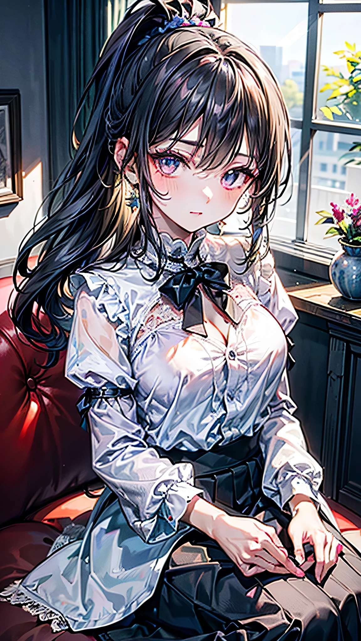 (Best quality, 8k, 32k, Masterpiece, UHD,:1.2),RAW, ((1girl)),ultra cute , natural lighting,transparent shining eyes, 20yo,medium breast ,fair complexion, medium breast, ponytail, flushed face, lavender maxi skirt with lace details, a high-neck, puff-sleeve blouse with lace accents.