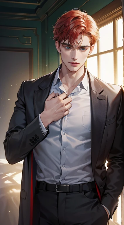 (best quality, masterpiece, 8K, photorealistic, cinematic lighting, 1:4 hdr image, ultra detailed, beautiful image), a mature man, 34 years very handsome, ((cold expression)), short red hair, green eyes, face perfect without mistakes, ((buttoning his jacket, CEO))