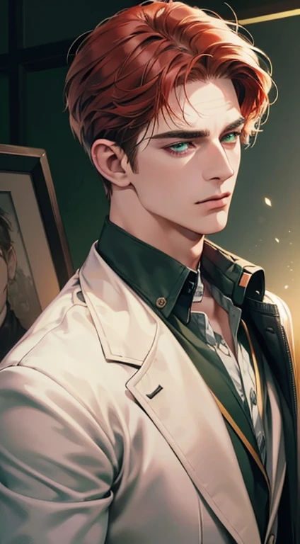 (best quality, masterpiece, 8K, photorealistic, cinematic lighting, 1:4 hdr image, ultra detailed, beautiful image), a mature man, 34 years very handsome, ((cold expression)), short red hair, green eyes, face perfect without mistakes, ((buttoning his jacket, CEO))