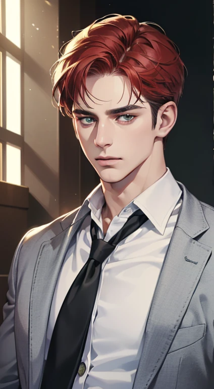 (best quality, masterpiece, 8K, photorealistic, cinematic lighting, 1:4 hdr image, ultra detailed, beautiful image), a mature man, 34 years very handsome, ((cold expression)), short red hair, green eyes, face perfect without mistakes, ((buttoning his jacket, CEO))