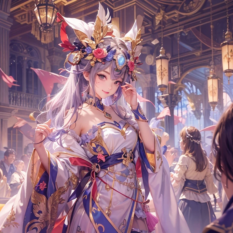 Hiding in the castle、Hair flow、 ((highest quality、masterpiece、8k、Best image quality、Ultra-high resolution、Award-winning works)、(Accurate anatomy:1.1)、(Look at me and smile:1.1)、Shining fair skin with Ultra-high resolution、The most detailed face、Ultra-high resolution detailed face、Ultra-high resolutionの髪の毛、(Ultra-high resolutionの煌めく瞳:1.1)、Beautiful face drawn in every detail、(Blurred Background:1.1)、Cheerful and colorful costumes, Chest to chest, tattoo,Masquerade Mask