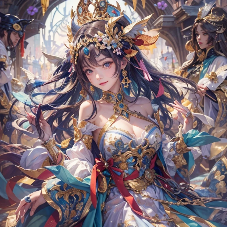 Hiding in the castle、Hair flow、 ((highest quality、masterpiece、8k、Best image quality、Ultra-high resolution、Award-winning works)、(Accurate anatomy:1.1)、(Look at me and smile:1.1)、Shining fair skin with Ultra-high resolution、The most detailed face、Ultra-high resolution detailed face、Ultra-high resolutionの髪の毛、(Ultra-high resolutionの煌めく瞳:1.1)、Beautiful face drawn in every detail、(Blurred Background:1.1)、Cheerful and colorful costumes, Chest to chest, tattoo,Masquerade Mask
