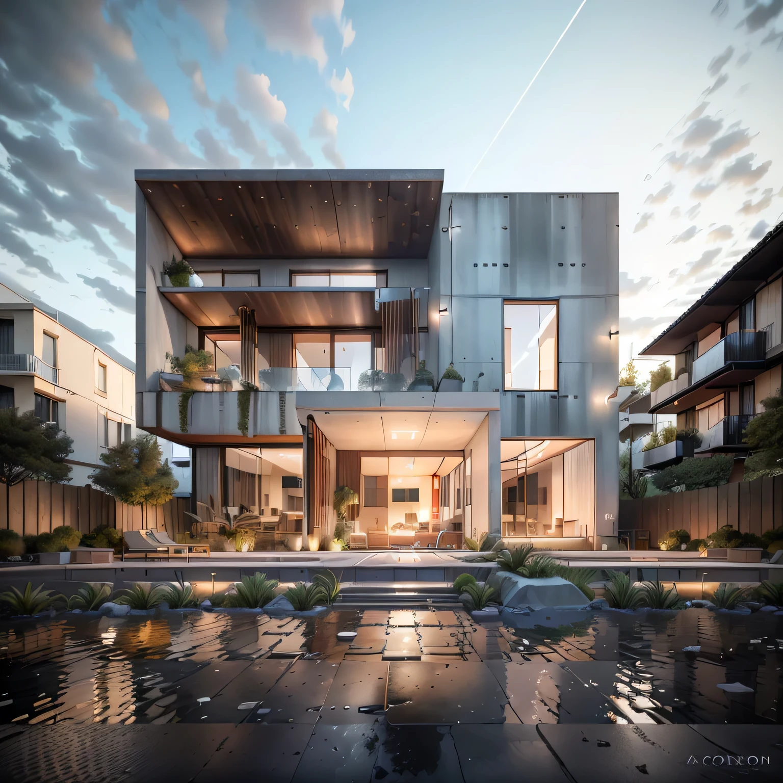 Bauhaus style house, glass and concrete house with a sloping roof, modern, dynamic (RAW photo, real, best quality, masterpiece:1.2), (hyper realistic, photo-realistic:1.2), high quality, (dark lighting:1.2), perfect lighting, archdaily