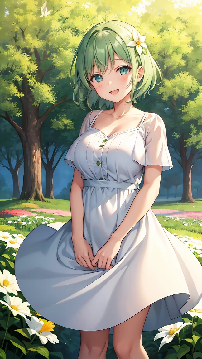 Girl with short green hair, Small size breasts, Small breasts、Green Eyes, White Casual Wear Beauty Special、(((tits))),Full body shot from head to toe、White dress、Colorful flower fields、Fluttering petals、A big smile when looking at the flowers、Uplifting、Swaying in the Wind