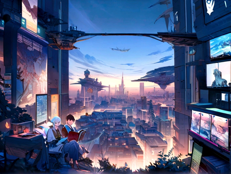 "A futuristic cityscape brimming with advanced technology surrounds a person sitting and reading a book. Towering skyscrapers with holographic advertisements, flying cars, and robotic assistants create a dynamic and bustling atmosphere. Despite the high-tech environment, the individual is deeply engrossed in their book, symbolizing the timeless importance of reading as a source of knowledge and escape. This juxtaposition highlights how, even in a world dominated by cutting-edge innovations, the simple act of reading remains a vital and cherished activity that opens windows to countless worlds and ideas."