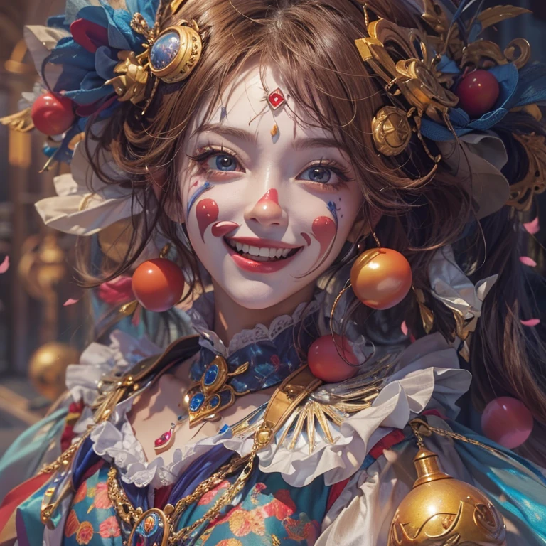 Hiding in the castle、Hair flow、 ((highest quality、masterpiece、8k、Best image quality、Ultra-high resolution、Award-winning works)、(Accurate anatomy:1.1)、(Look at me and smile:1.1)、Shining fair skin with Ultra-high resolution、The most detailed face、Ultra-high resolution detailed face、Ultra-high resolutionの髪の毛、(Ultra-high resolutionの煌めく瞳:1.1)、Beautiful face drawn in every detail、Cheerful clown costume, Chest to chest, Colorful Makeup、Masquerade
