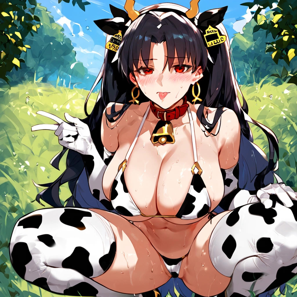 score_9, score_8_up, score_7_up, score_6_up, 1girl, breasts, bell, swimsuit, solo, bikini, cow print, animal print, ear tag,ishtar_(fate), fate_(series), 1girl, red_eyes, black_hair
,, , animal ears, thighhighs, neck bell, ,, cowbell,, looking at viewer, blush, cleavage, big breasts, , alternate costume, collar, bare shoulders, large breasts, , , gloves, , side-tie bikini bottom, bangs, print bikini, elbow gloves, fake animal ears,, , squatting, , in on a farm,, licks the fingers of one hand while the other hand spreads her pussy