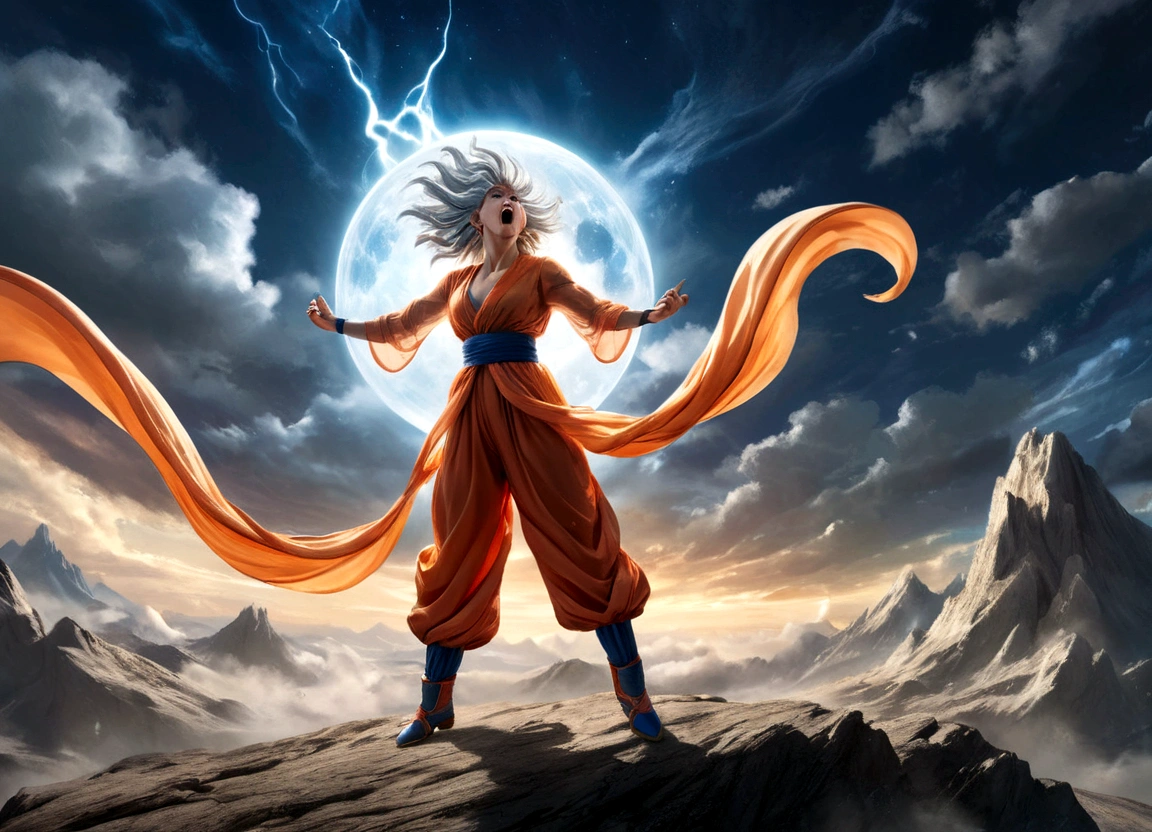 a woman with flowing sheer silk clothes, yelling as she summons a dragon ball, blasted moonscape, highly detailed, 8k, photorealistic, cinematic lighting, dramatic, powerful, energetic, athletic, young female, detailed face and eyes, flowing hair, dramatic pose, powerful energy, dragon ball, blasted moonscape, dramatic sky, glowing energy, cinematic, epic, stunning, masterpiece