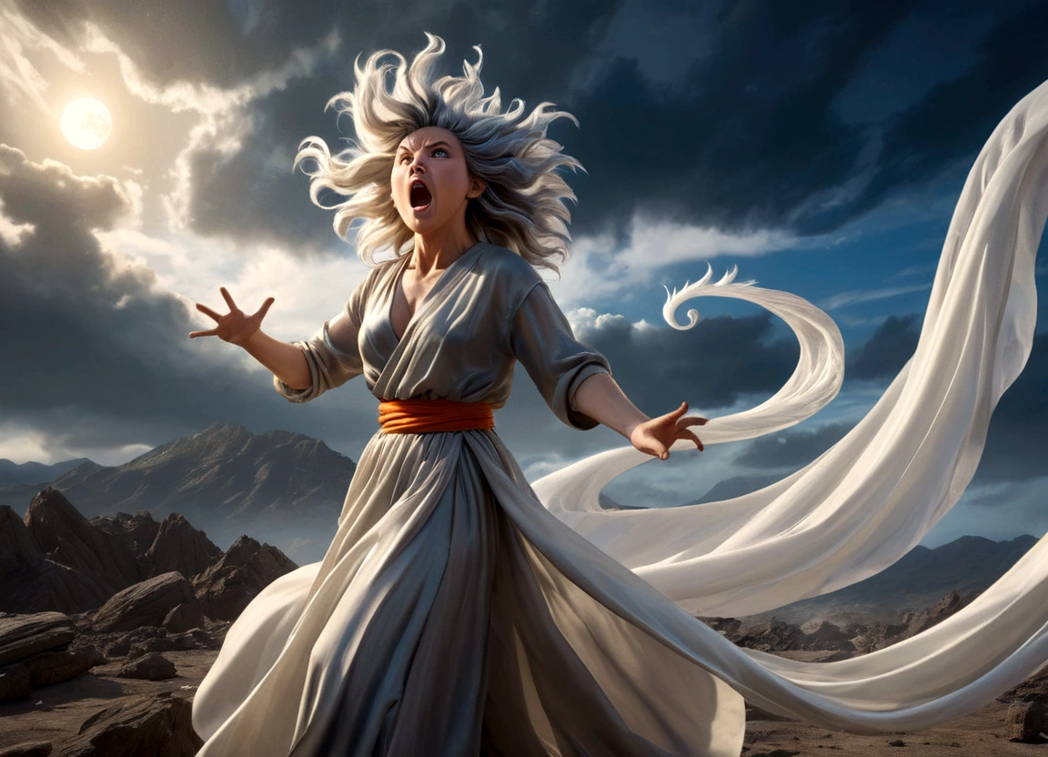 a woman with flowing sheer silk clothes, yelling as she summons a dragon ball, blasted moonscape, highly detailed, 8k, photorealistic, cinematic lighting, dramatic, powerful, energetic, athletic, young female, detailed face and eyes, flowing hair, dramatic pose, powerful energy, dragon ball, blasted moonscape, dramatic sky, glowing energy, cinematic, epic, stunning, masterpiece