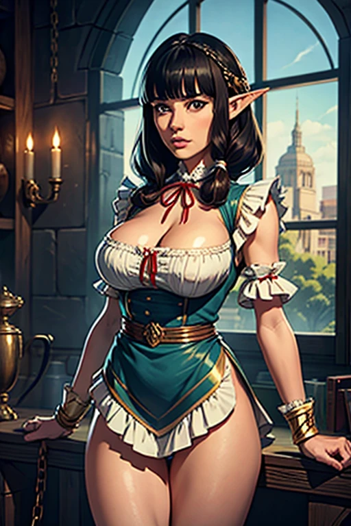(1 female elf, masterpiece, best quality, ultra-detailed, beautiful detailed, (((extremely detailed face))), (((blunt bangs))), (((big ruffles and ribbon))), sad look, ( ((short tunic to the thighs))), shoulder-length black hair, brown eyes, thin lips, round face, large breasts with cleavage, wide waist, 1.67m and 46kg, standing chained in the dungeon ((chains on hands and neck)) dramatic scene