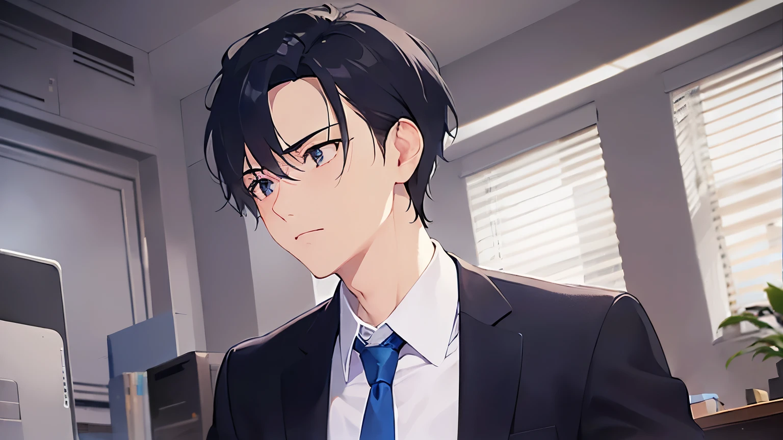(looking away:1.5)、upper body、shiny skin, masterpiece、highest quality、(25-year-old male:1.5) and (Black short hair) and (blue eyes), (Wearing a suit:1.5) and (Blue tie)、Sitting、serious, The background is inside office room、alone、