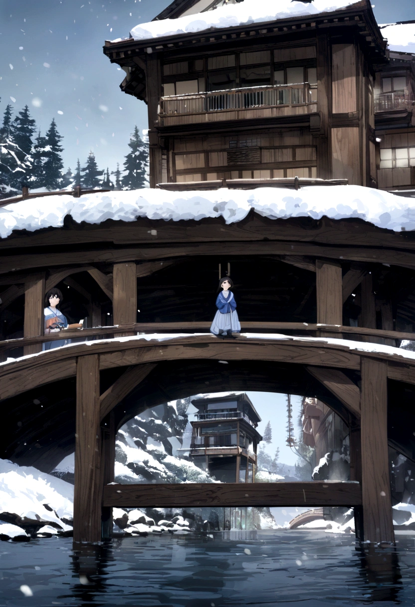 Snow Scene、A large hot spring inn in the background(Like Spirited Away)、Bridge in front、A girl in a yukata is standing on the bridge