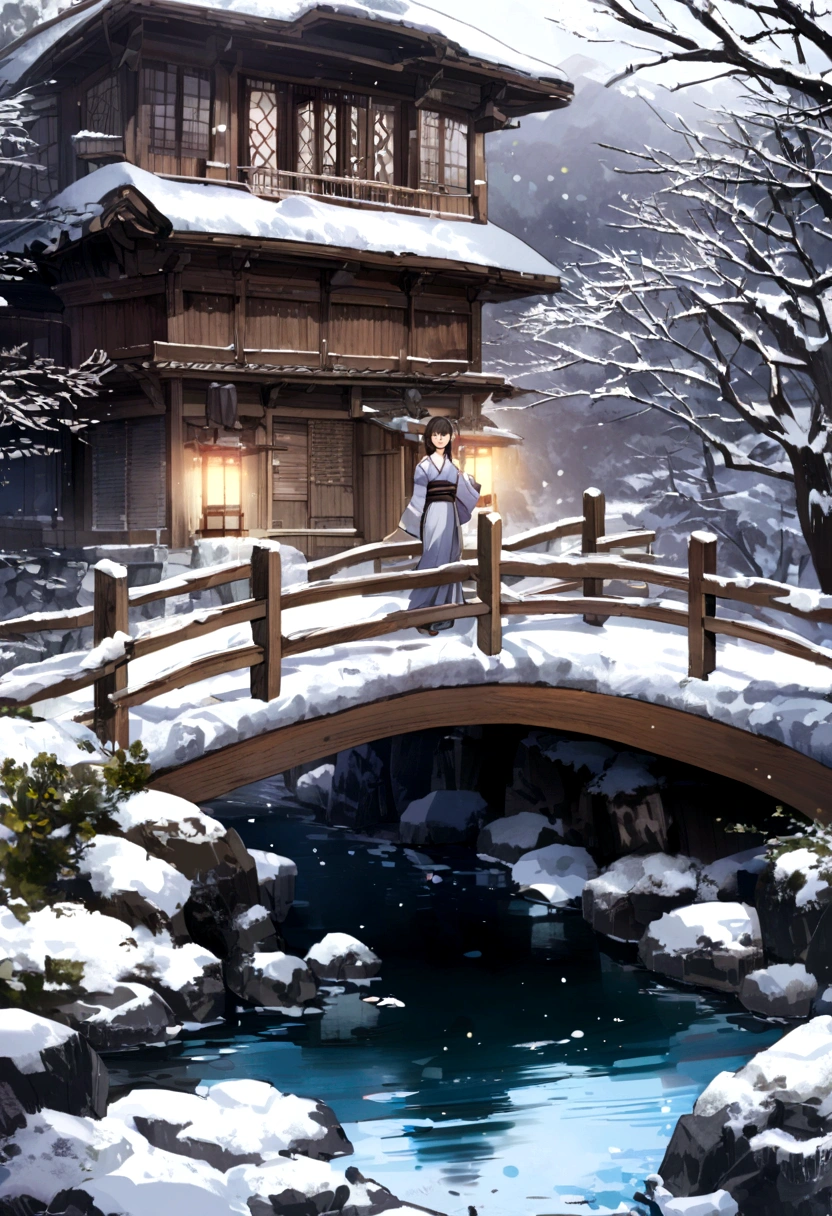 Snow Scene、A large hot spring inn in the background(Like Spirited Away)、Bridge in front、A girl in a yukata is standing on the bridge