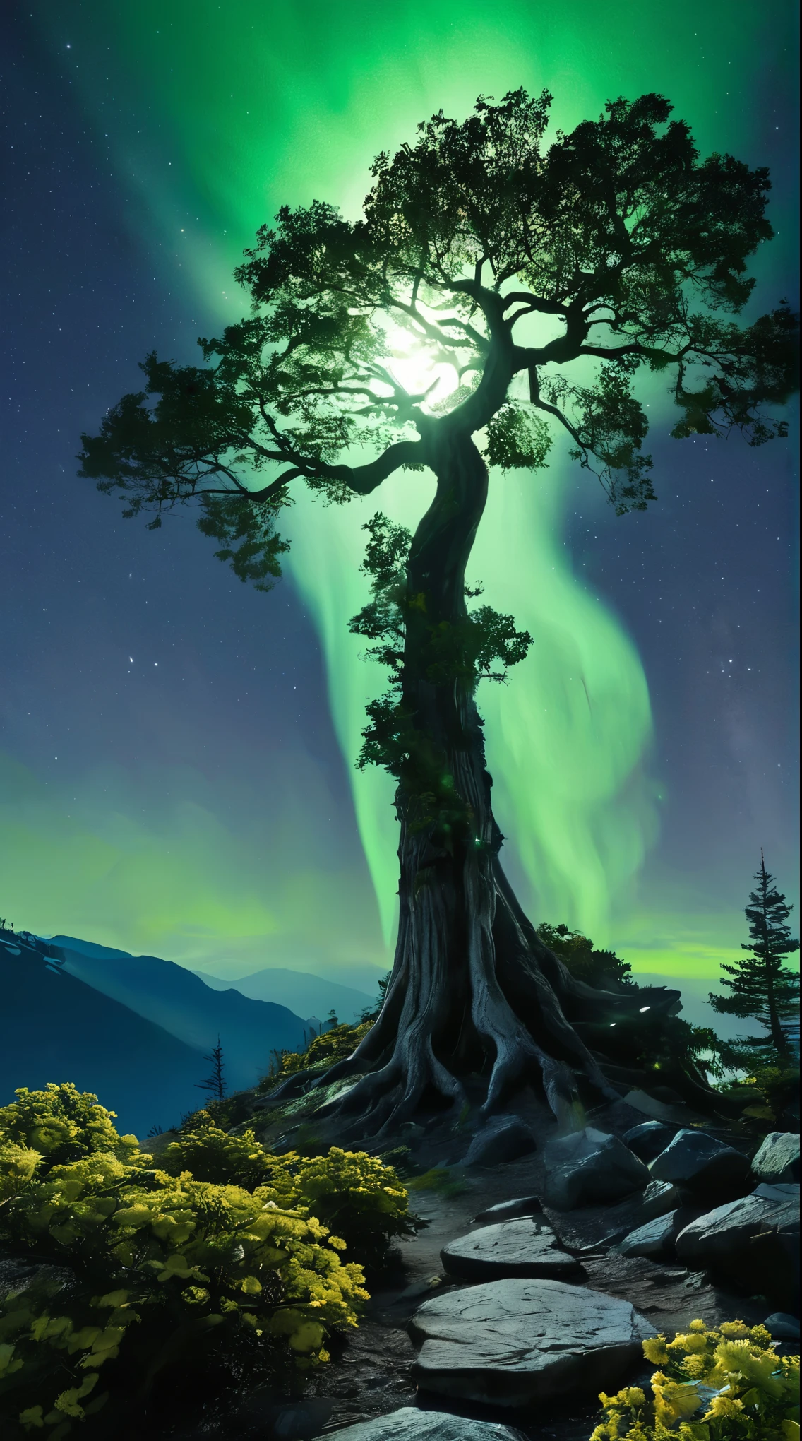 45 megapixels, Ethereal beauty of a mystical landscape under the green moonlight, The scene is big, Shining Moon, Shining on the Twisted, A majestic tree whose flowers appear to glow at night, Tree roots must be deeply rooted in rocky terrain, Symbolizes ancient existence. background, Towering Mountain々is approaching, The mountaintop is shrouded in mist, The calm lake at the foot of the mountain reflects the moonlight., Incorporate elements that evoke a sense of magic or mystery, Infinite light in the air