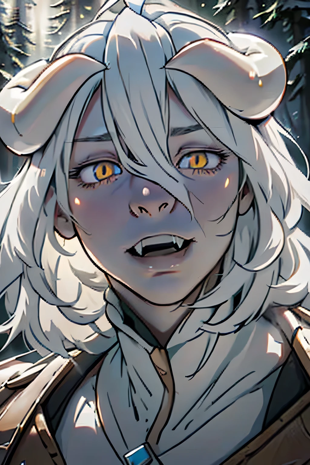 A 20 year old girl with white hair in the forest,horns,portrait,albedo horns, big fangs ,detailed face,intricate hair,detailed eyes,beautiful detailed lips,extremely detailed face,ethereal,magical,high quality,8k,HDR,studio lighting,professional,vivid colors,dramatic lighting, wood magical armor