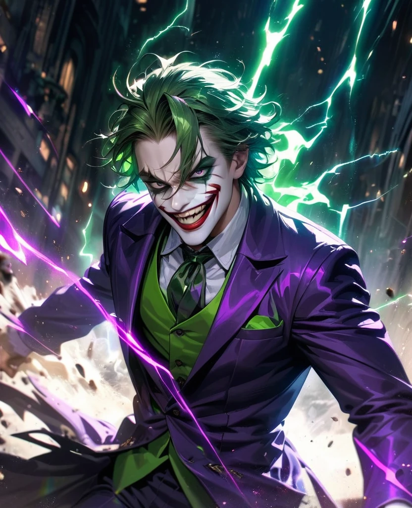 absurdres, highres, ultra detailed, HDR, masterpiece, extremely detailed face and eyes,Heath ledger Joker,,, , solo, man, handsome, ,, , Epic fight scene, purple green splashing effect, purple and green lightning effect,glowing glitters