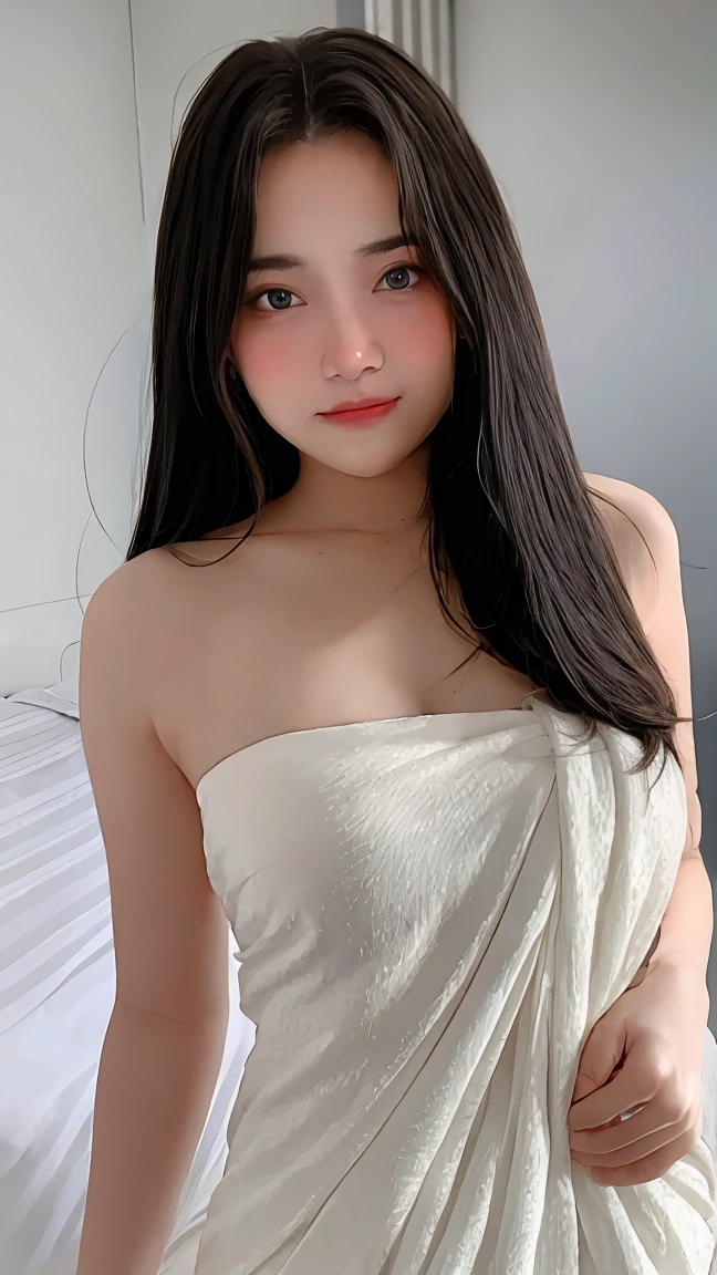 Gorgeus Girl, Beautiful, Baby Face, 20 Years Old, White Skin, Silver hair, white wavy long hairstyle, side Sexy Pose :1.5, (( white sarong dress)), medium breasts,  horney expression, armpit, Blue Eye, slim body, Bokeh, dark Background, dynamic lighting studio, Masterpiece, Fullbody Shot,  attractive, seductive pose, (pov supine)