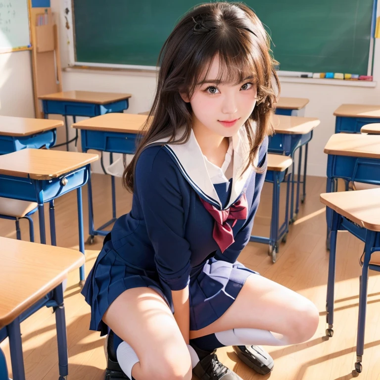 Beautiful girl kneeling on a desk in a classroom with a chalkboard, beautiful high school girl, a hyperrealistic schoolgirl, hyperrealistic , realistic , cute , best girl, attractive girl, seductive girl, school girl, beautiful girl squatting, visual of a cute girl