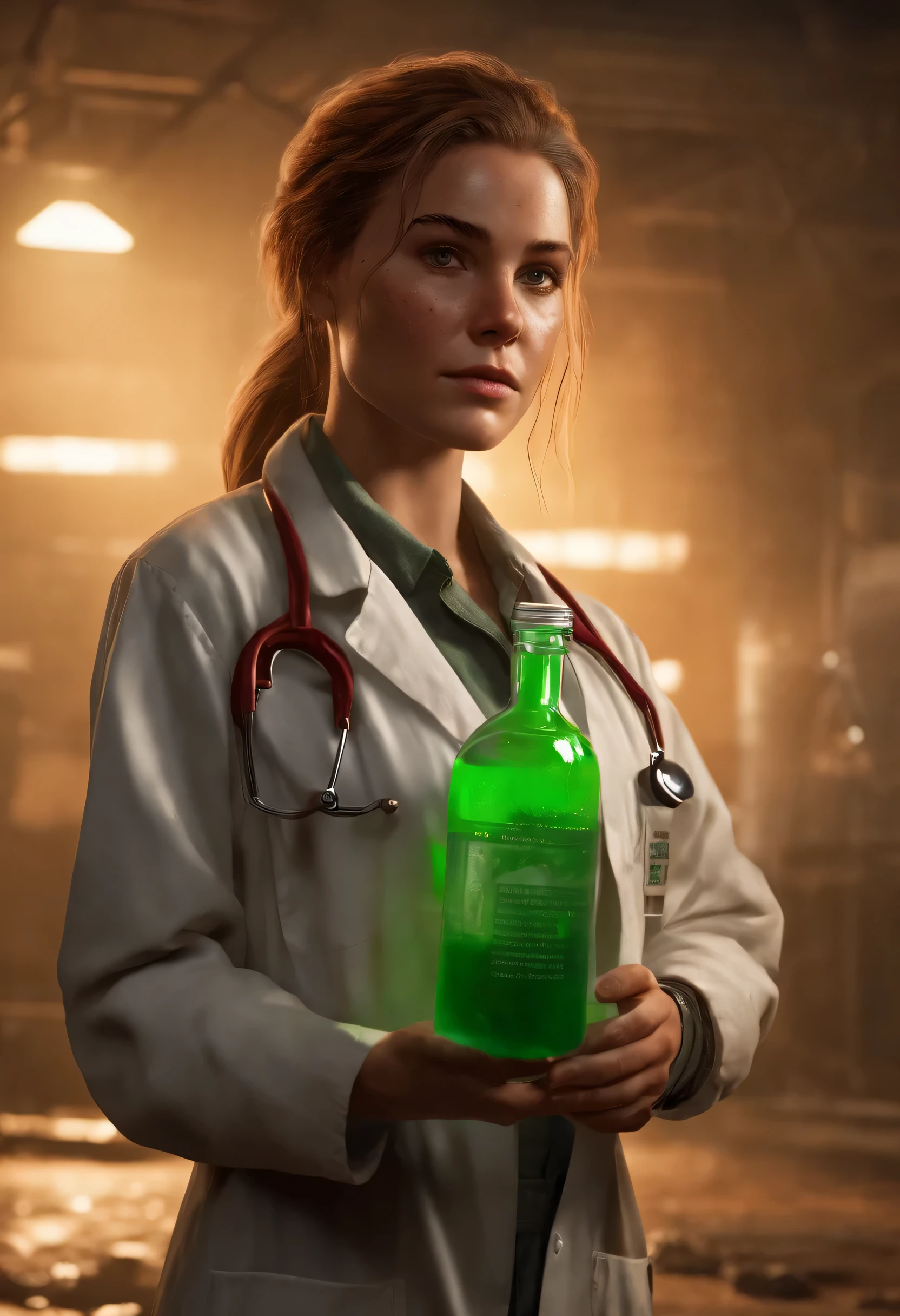 An image of Ellie wearing a lab coat and holding up a beaker filled with bubbling green liquid.,The Last of Us Part II,Ellie Williams is a white girl with a few freckles, with a medium hairstyle, brown hair. She wears practical and utilitarian clothing that reflects the harsh and post-apocalyptic world. Wearing converse is a must. She has visible scars (one across her right eyebrow) and a tattoo wraps almost completely her right forearm covering her bite mark scar. Her build is slim and athletic. Her facial expression include a determined and sometimes intense expression. Her eyes convey a sense of resilience and determination.