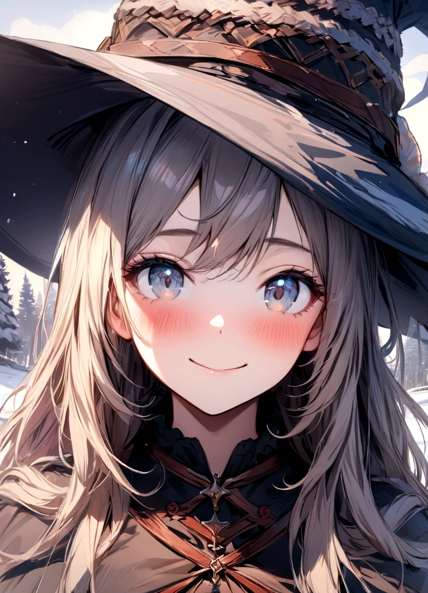 (masterpiece, best quality), highly detailed, highres, hdr, extremely detailed illustration, detailed face and eyes, irenebelserion, 1girl, solo, looking at viewer, smile, hat, closed mouth, witch hat, portrait, (winter, outdoors), portrait, blush, close-up, embarrassed,