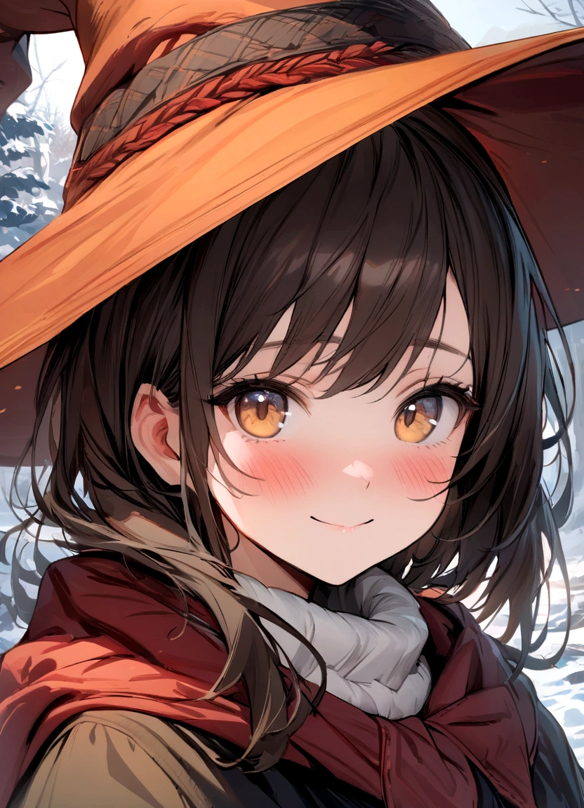 (masterpiece, best quality), highly detailed, highres, hdr, extremely detailed illustration, detailed face and eyes, irenebelserion, 1girl, solo, looking at viewer, smile, hat, closed mouth, witch hat, portrait, (winter, outdoors), portrait, blush, close-up, embarrassed,