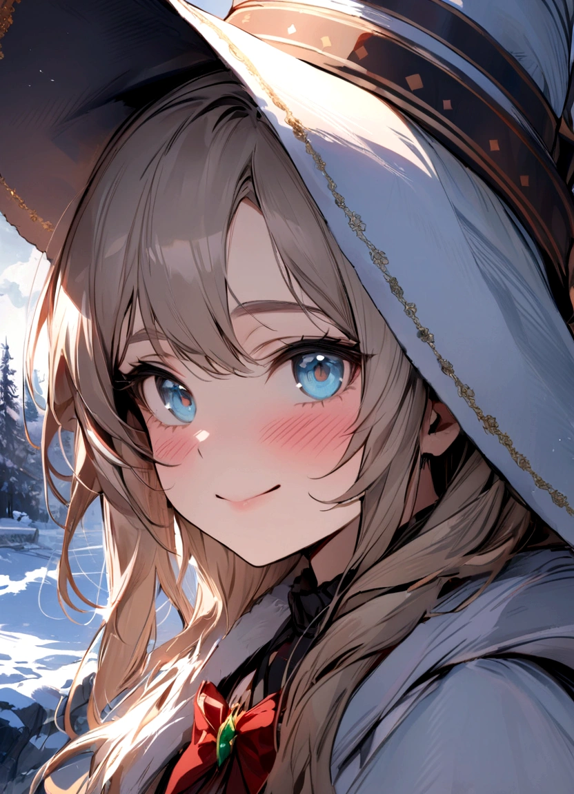 (masterpiece, best quality), highly detailed, highres, hdr, extremely detailed illustration, detailed face and eyes, irenebelserion, 1girl, solo, looking at viewer, smile, hat, closed mouth, witch hat, portrait, (winter, outdoors), portrait, blush, close-up, embarrassed,