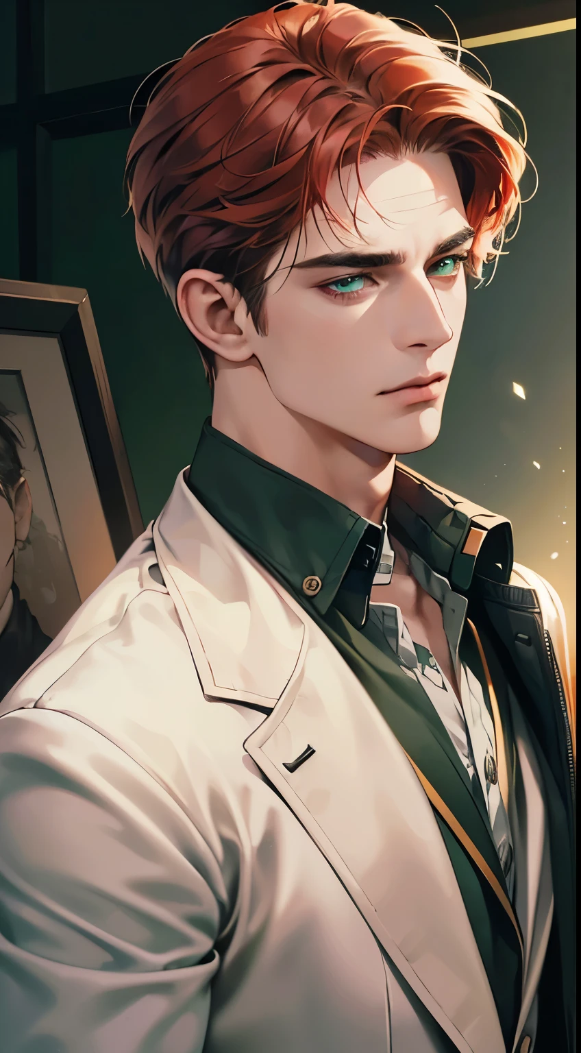 (best quality, masterpiece, 8K, photorealistic, cinematic lighting, 1:4 hdr image, ultra detailed, beautiful image), a mature man, 34 years very handsome, ((cold expression)), short red hair, green eyes, face perfect without mistakes, ((buttoning his jacket, CEO))
