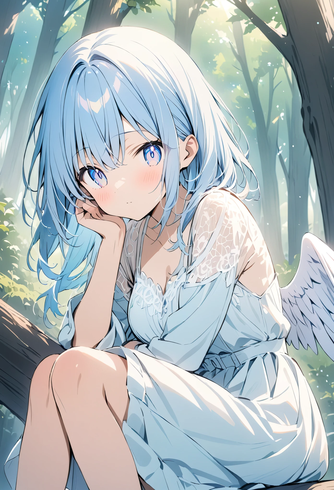 Light color hue、(masterpiece:1.2),(anime),An angel resting its wings on a tree、Beautiful scenery、cute、Wings closed、Sitting on top of a tree、Light effect、in the forest、White lace dress,Blue Eyes,Light blue hair