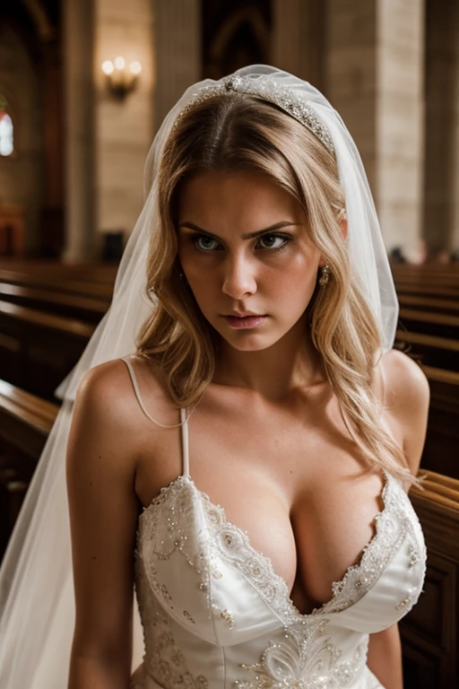 A angry looking 18yo white bride in a fancy church.  Cleavage. Close up 