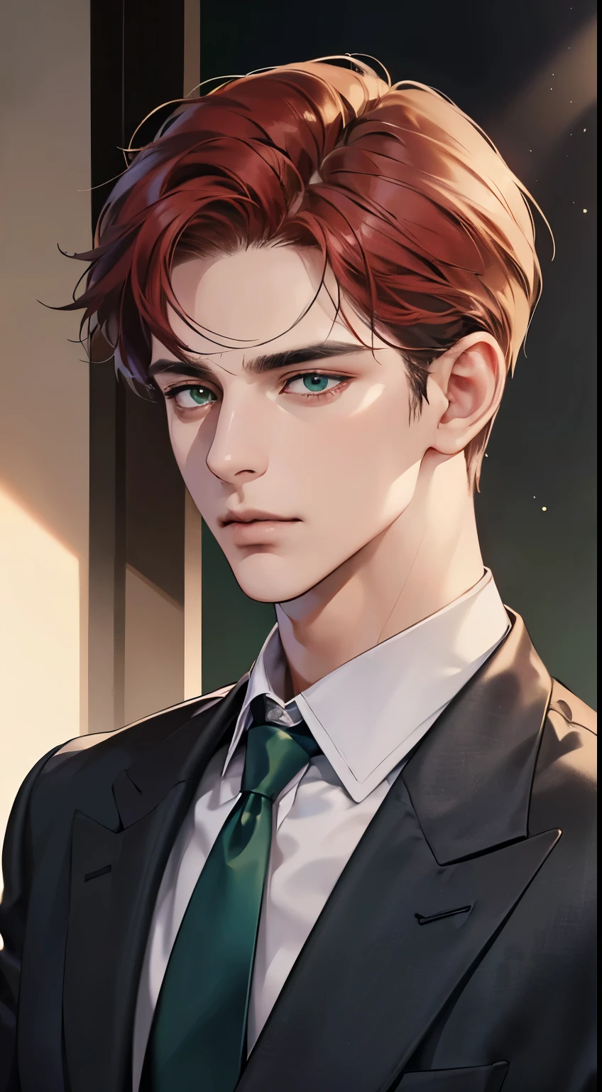 (best quality, masterpiece, 8K, photorealistic, cinematic lighting, 1:4 hdr image, ultra detailed, beautiful image), a mature man, 34 years very handsome, ((cold expression)), short red hair, green eyes, face perfect without mistakes, ((buttoning his jacket, CEO))