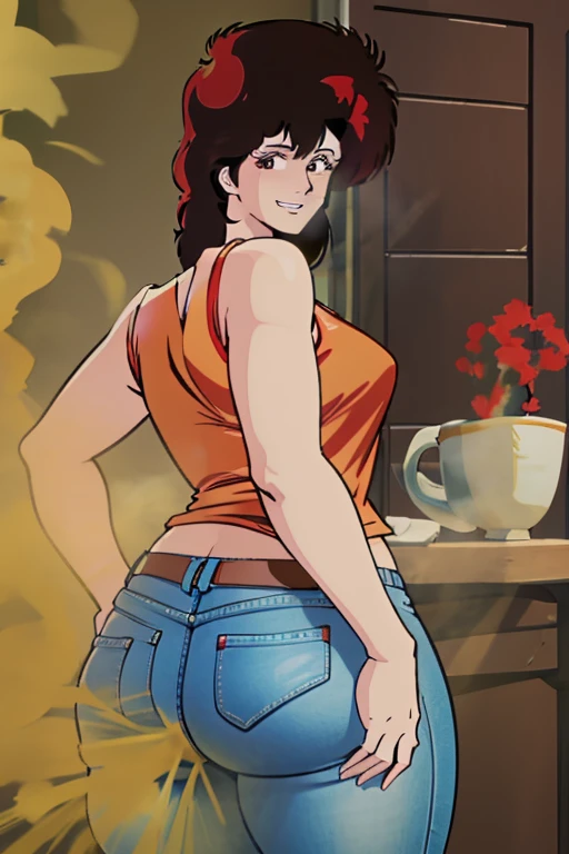 HD, high quality, high resolution, ultrahd,Kaori Makimura, 1female, wearing casual outfit, red offshoulder tshirt, jeans, default hair, brown hair, tall body, fit body, massive fart, yellow smoke, clemching teeth, smiling, wide eyes, leaning, embarrassed, viewing ass