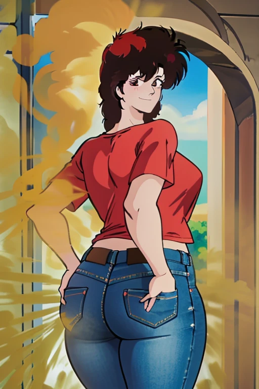 HD, high quality, high resolution, ultrahd,Kaori Makimura, 1female, wearing casual outfit, red offshoulder tshirt, jeans, default hair, brown hair, tall body, fit body, massive fart, yellow smoke, clemching teeth, smiling, wide eyes, leaning, embarrassed, viewing ass