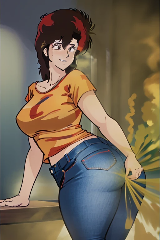 HD, high quality, high resolution, ultrahd,Kaori Makimura, 1female, wearing casual outfit, red offshoulder tshirt, jeans, default hair, brown hair, tall body, fit body, massive fart, yellow smoke, clemching teeth, smiling, wide eyes, leaning, embarrassed, viewing ass