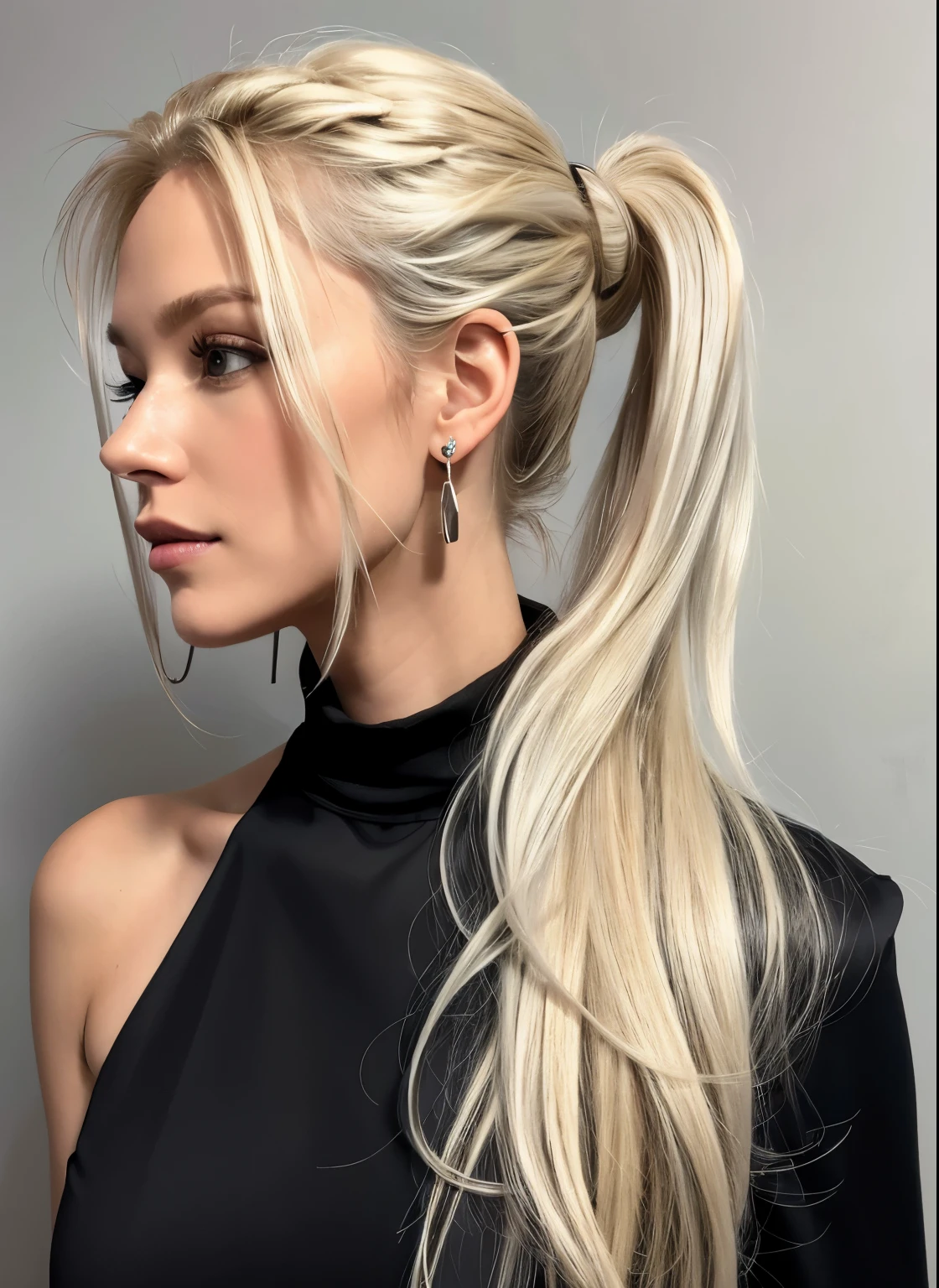 A woman with long blonde hair wearing a black dress and earrings, messy ponytail, ponytailのブロンドの髪, disheveled blonde hair, Blonde. ponytail, Beautiful blonde hair, Cool disheveled hair, messy Blonde, Half-up hairstyle, sleek Blonde, Messy hairstyle, Blonde medium hair, ponytail hair, long swept back Blonde, silver hair ponytail