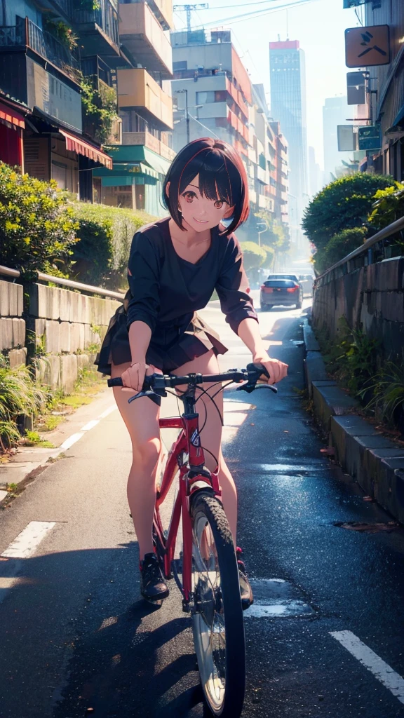 girl with short bob hair,Red eyes ,Riding a bike along a long hilly road,Urban slope,Skyscrapers,smile