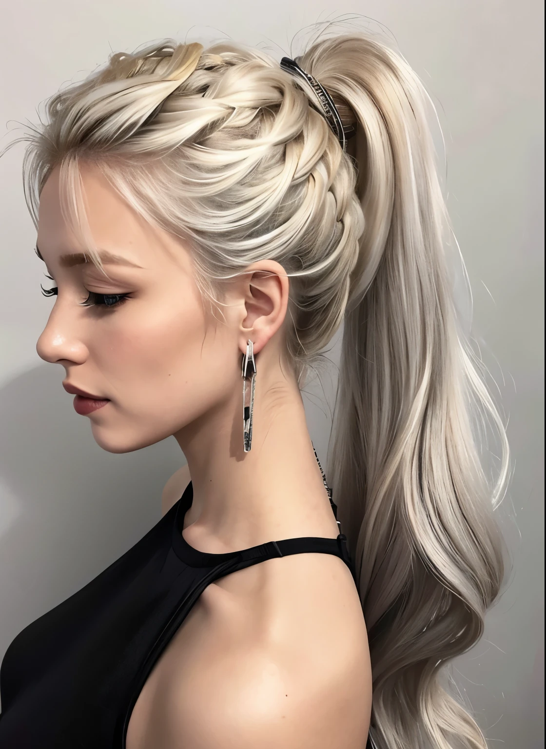 A woman with long blonde hair wearing a black dress and earrings, messy ponytail, ponytailのブロンドの髪, disheveled blonde hair, Blonde. ponytail, Beautiful blonde hair, Cool disheveled hair, messy Blonde, Half-up hairstyle, sleek Blonde, Messy hairstyle, Blonde medium hair, ponytail hair, long swept back Blonde, silver hair ponytail