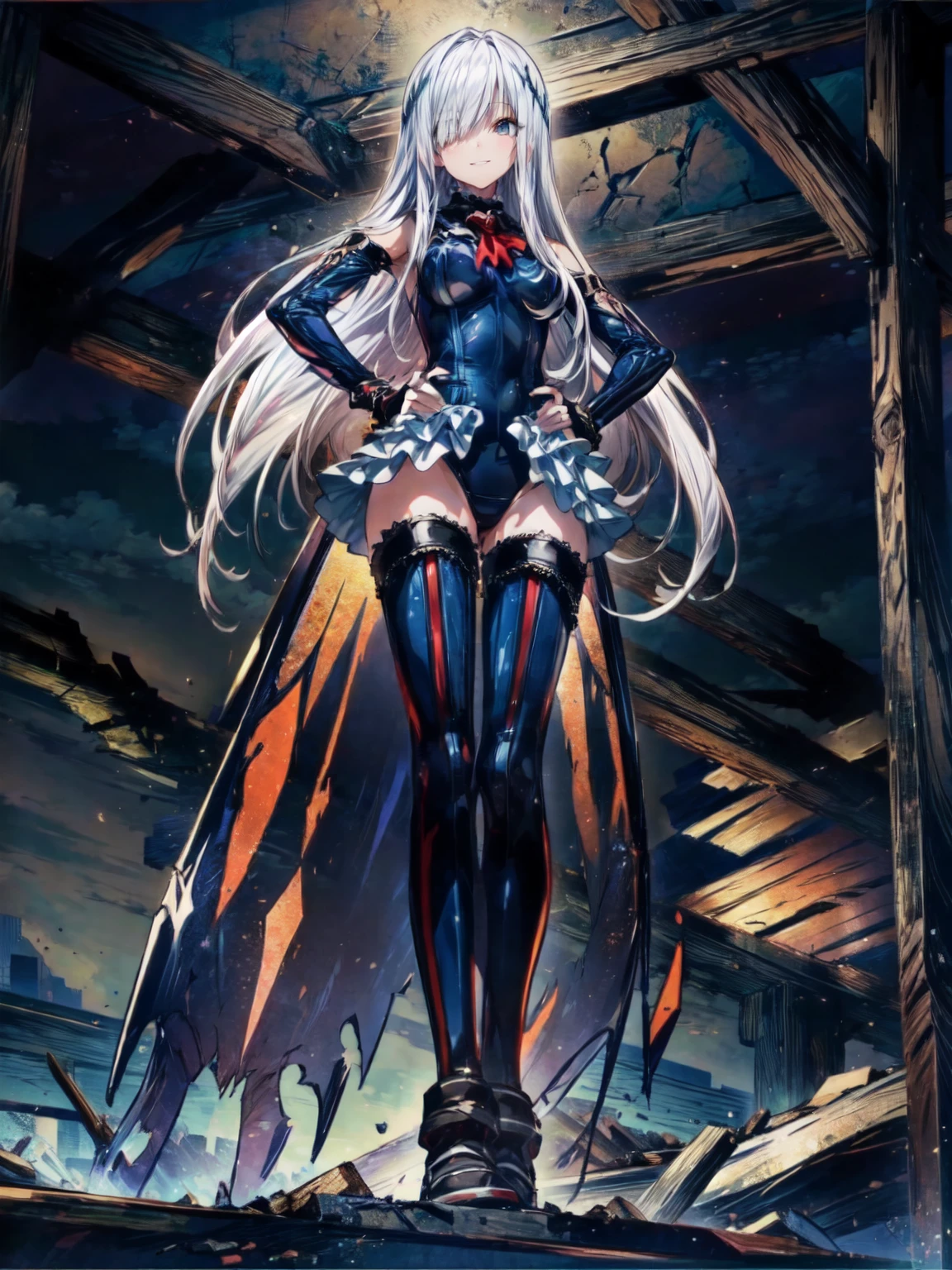 best masterpiece, ultra detailed, best quality, sharp focus, 12K, super high resolution picture, big tits,4K,Perfect Anatomy, highest quality, Rose,Wicked Smile,Provocative attitude
,(young Girls greet dawn on a pile of rubble:1.1),Wicked Smile,Anime Style,(White ruffled swimsuit, Knee socks, Removed sleeve), (Anime Style:1.4) ,
Silver Hair,(White fingers:1.1,Black gloves),Very long hair,Evil Aura,(From below),Place your hands on your hips,Hypno Lola、
Hollow Eyes,(full body:1.4)