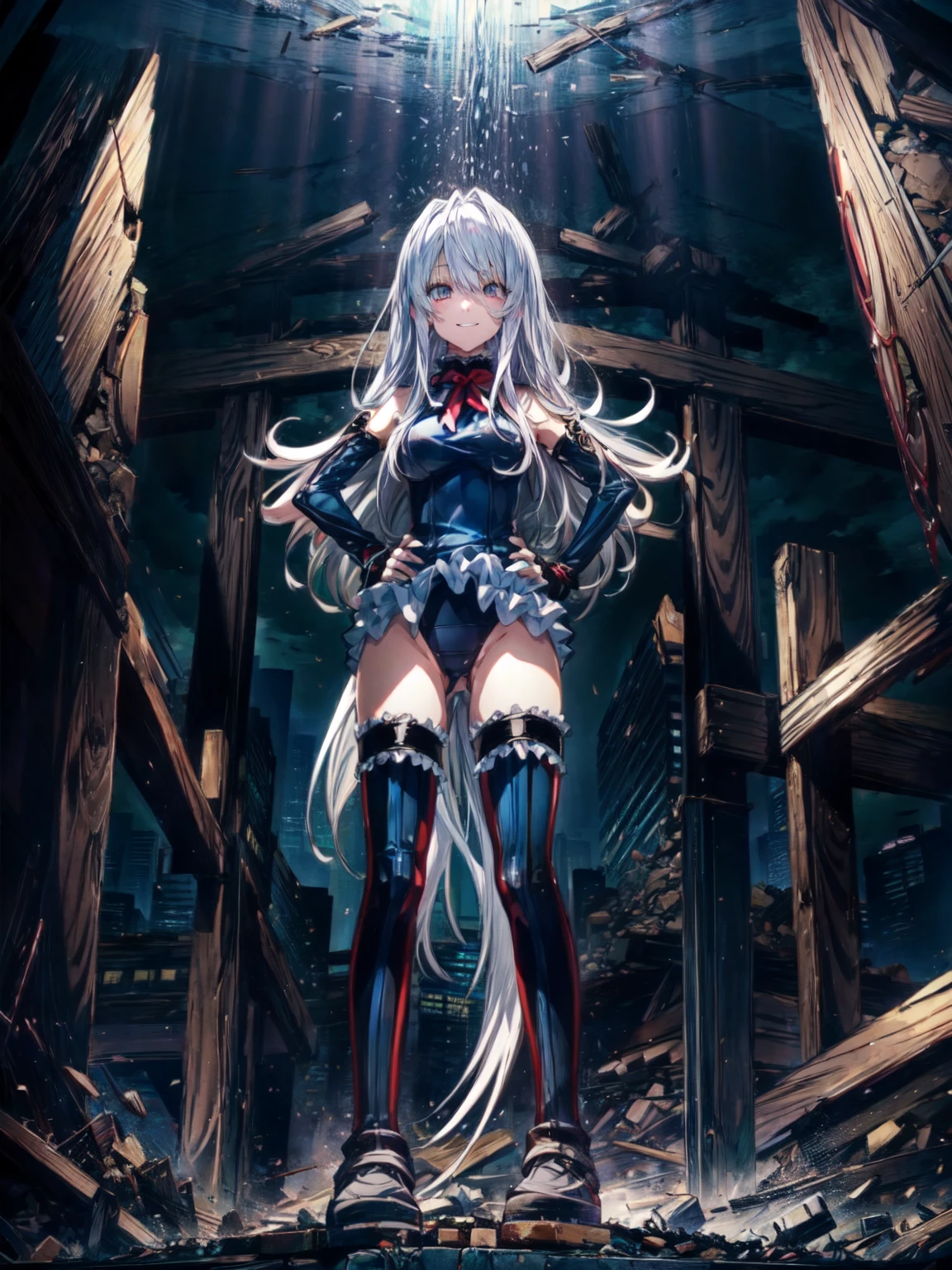 best masterpiece, ultra detailed, best quality, sharp focus, 12K, super high resolution picture, big tits,4K,Perfect Anatomy, highest quality, Rose,Wicked Smile,Provocative attitude
,(young Girls greet dawn on a pile of rubble:1.1),Wicked Smile,Anime Style,(White ruffled swimsuit, Knee socks, Removed sleeve), (Anime Style:1.4) ,
Silver Hair,(White fingers:1.1,Black gloves),Very long hair,Evil Aura,(From below),Place your hands on your hips,Hypno Lola、
Hollow Eyes,(full body:1.4)