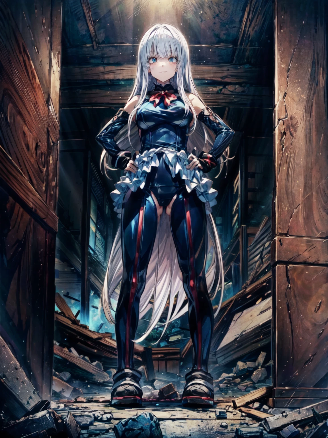 best masterpiece, ultra detailed, best quality, sharp focus, 12K, super high resolution picture, big tits,4K,Perfect Anatomy, highest quality, Rose,Wicked Smile,Provocative attitude
,(young　Girls greet dawn on a pile of rubble:1.1),Wicked Smile,Anime Style,(White ruffled swimsuit, Knee socks, Removed sleeve), (Anime Style:1.4) ,
Silver Hair,(White fingers:1.1,Black gloves),Very long hair,Evil Aura,(From below),Place your hands on your hips,Hypno Lola、
Hollow Eyes,(full body:1.4)
