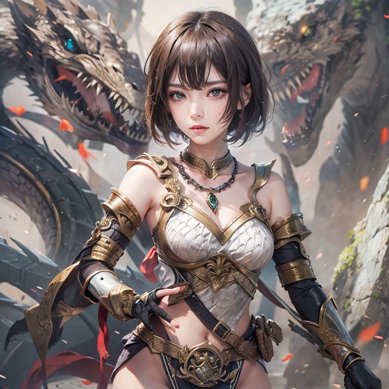 Woman in ancient battle attire、Serious expression、Short-haired、Deadly position, Gorgeous Necklace, scale skin:1.5, Enchanting anime girl, Beautiful and seductive woman, Realistic and perfect body, , Perfect body with realistic shadows, Reptile Eyes:1.5