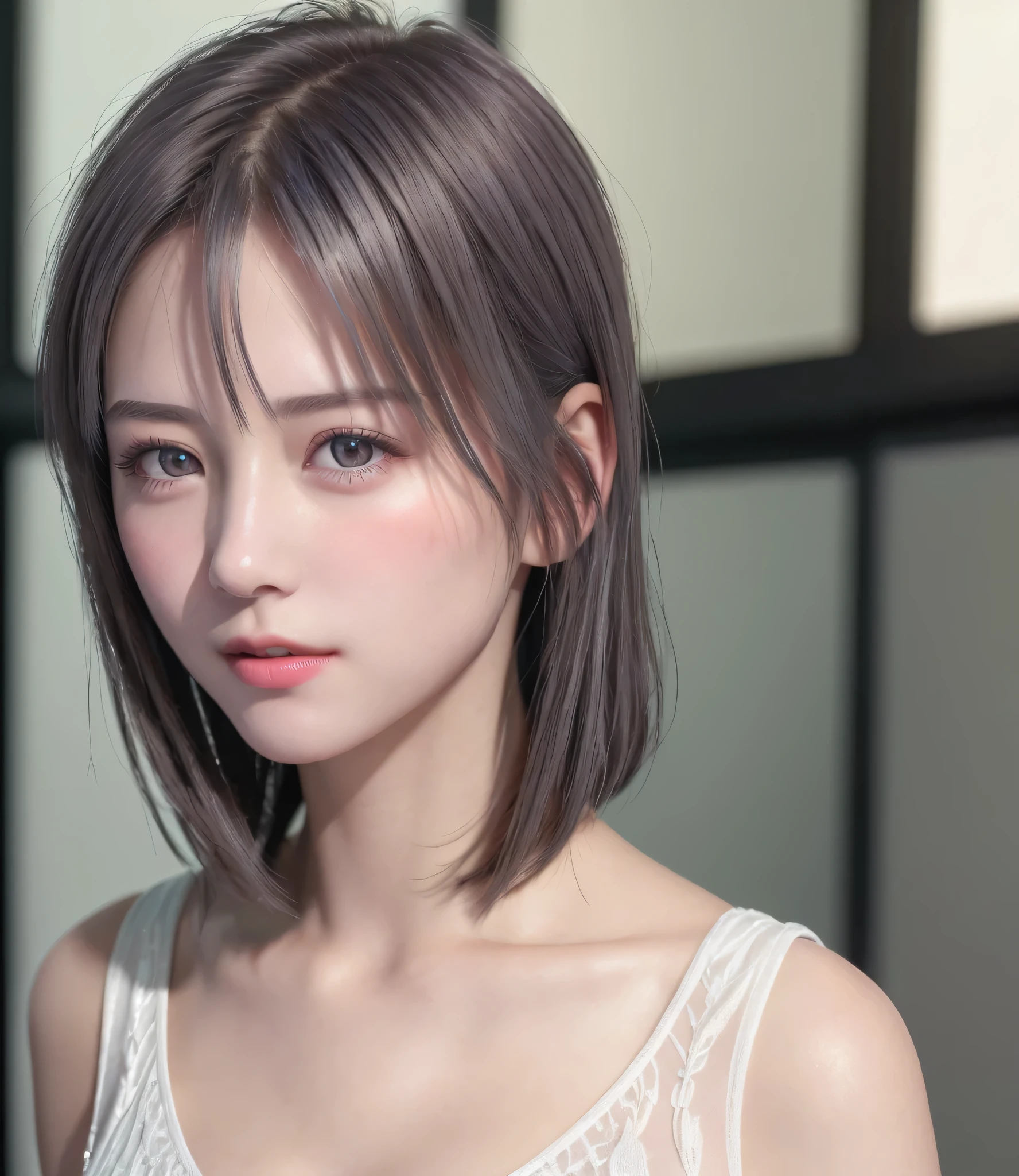 (8K, Photorealistic, Raw photo, of the highest quality: 1.3), (1girl in), Super beautiful, (Realistic face), (boyish, Silver Color Berry Shorthair), Beautiful , Glare that captivates the viewer, Beautiful expression, Beautiful breasts, (Realistic skin), Be...