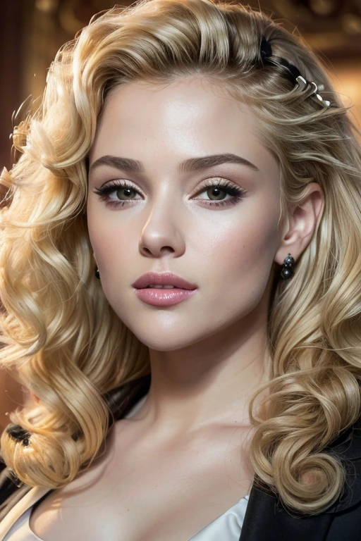 (Masterpiece),8k, ultra high quality, ((young) Scarlett Jhoranse) with (((((small)))+lips)), ((perfect+((small))+(rounded)+nose+(small+nose bridge)+((feminine))+nose)), ((blonde wavy curly hair)), ((brown))+eyes, wearing a beauitful (feminine) (black) blazer, headshot
