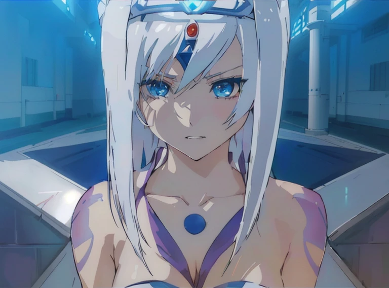 anime girl with white hair and blue eyes holding a cell phone, white haired deity, scales covering her chest, rogue anime girl ayanami rei, neferpitou, aqua from konosuba, hajime yatate, white fox anime, the godess hera looking angry, ayanami, the goddess artemis smirking, cel shaded anime, female anime character