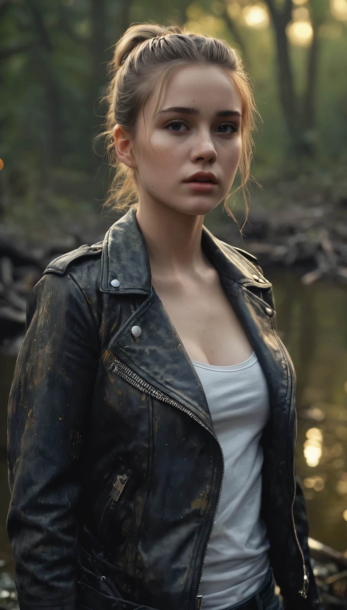 beautiful girl, drowning in dark swamp, long messy loose bun, detailed freckles, wearing flared jeans, faded leather biker jacket, extremely pale skin, lifeless expression, (orgasm:1.2), standing, (best quality,4k,8k,highres,masterpiece:1.2),ultra-detailed,(realistic,photorealistic,photo-realistic:1.37),HDR,UHD,studio lighting,ultra-fine painting,sharp focus,physically-based rendering,extreme detail description,professional,vivid colors,bokeh,dark moody atmosphere,cinematic lighting
