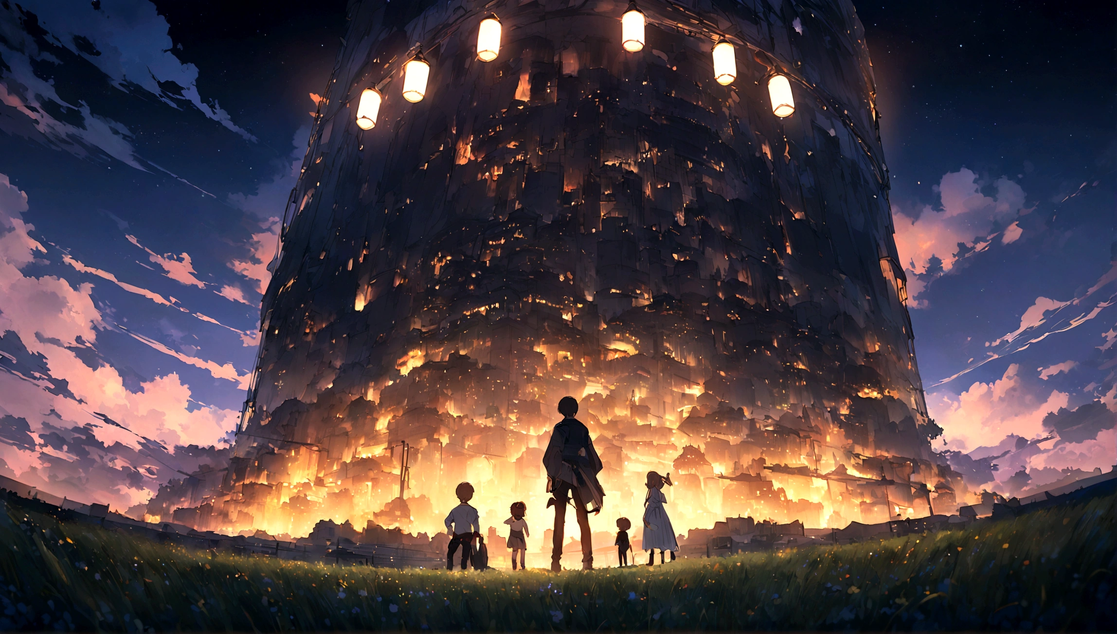 City of night、The sky is wonderful、3 year old sitting on top of a building、Brown Hair、Back view、The city is bright with streetlights、Landscape Main、highest quality、Anime Scenery、Xin Haichen、building、Field、110207, distant 3 year old little boyt the performer,(Zoom out:1.1)、(yourname、Low Angm behind、Alola、Standing in the Field、highest quality、masterpiece、cloud、colorful、Starry Sky、performer、