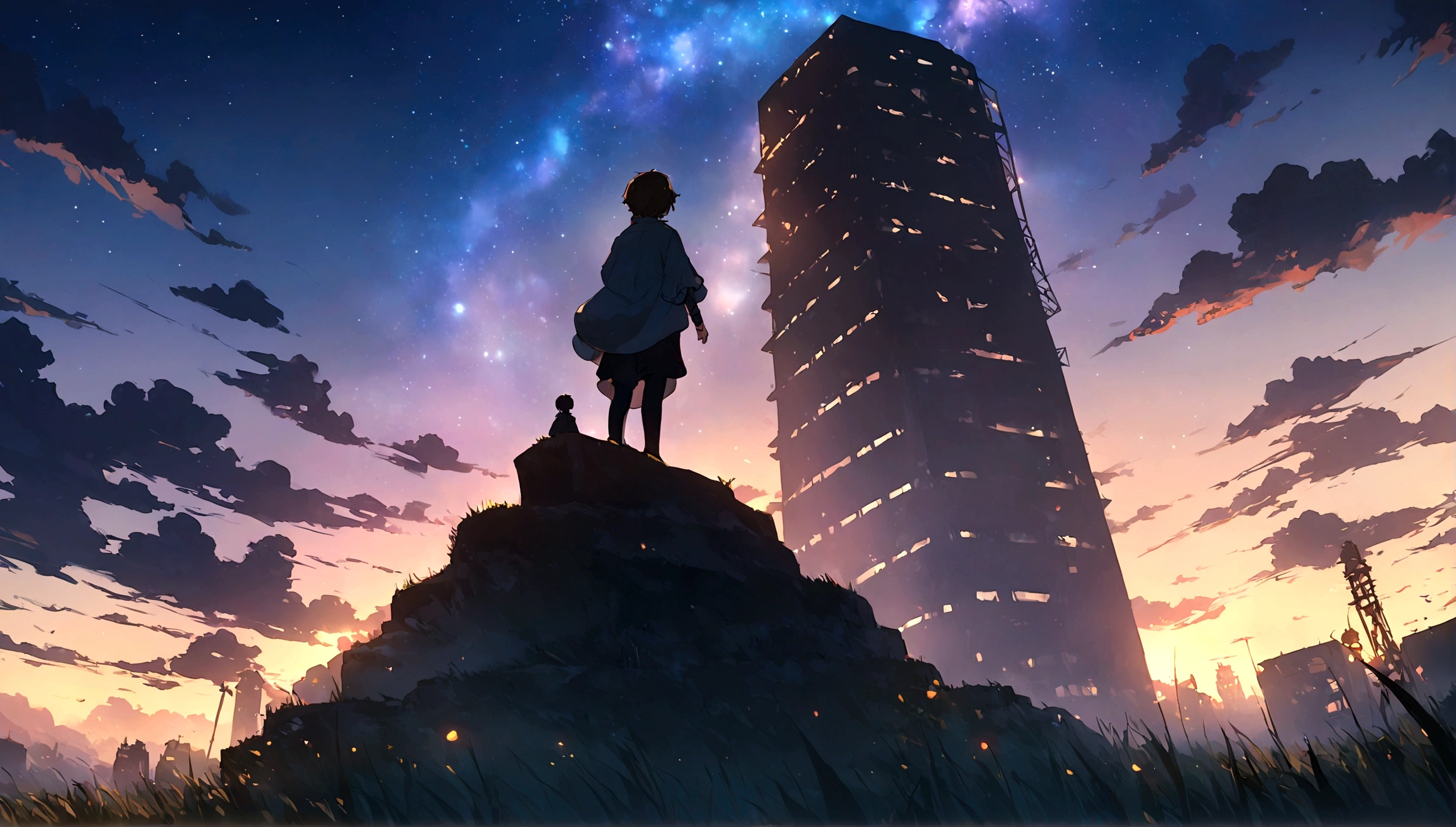 City of night、The sky is wonderful、3 year old little boy sitting on top of a building、Brown Hair、Back view、The city is bright with streetlights、Landscape Main、highest quality、Anime Scenery、Xin Haichen、building、Field、110207, distant 3 year old little boy staring at the performer,(Zoom out:1.1)、(yourname、Low Angle、From behind、Alola、Standing in the Field、highest quality、masterpiece、cloud、colorful、Starry Sky、performer、
