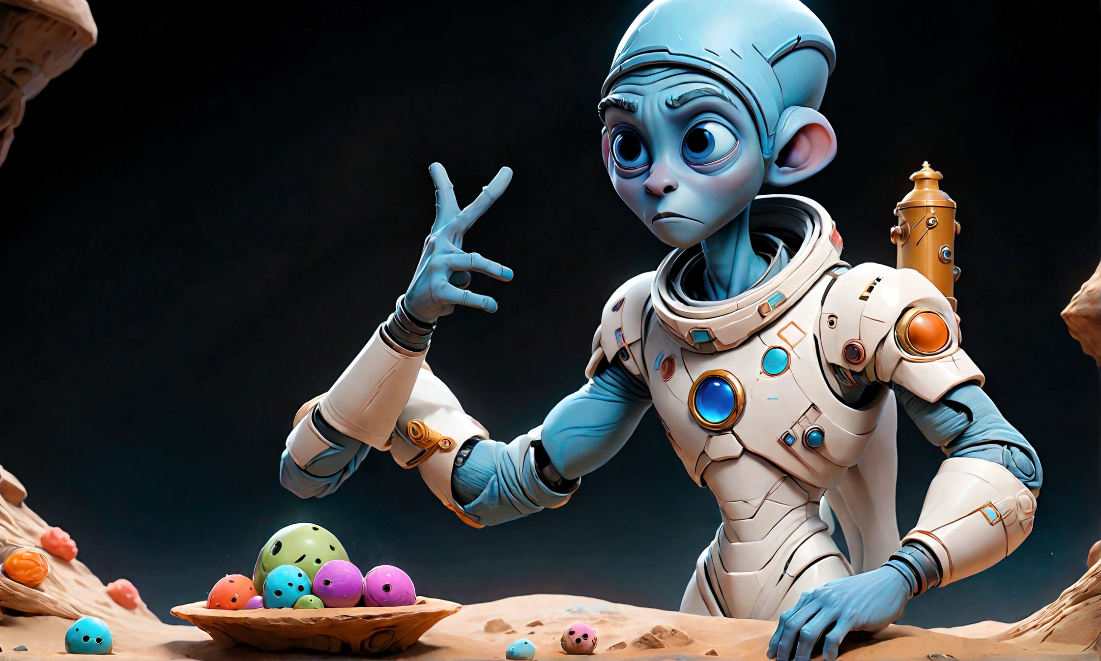 An alien with three eyes taking a selfie on a planet with a dystoric sky